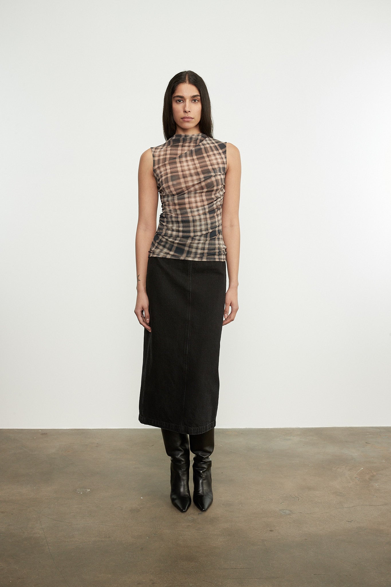 Plaid Mesh Sleeveless Twist Top- XS
