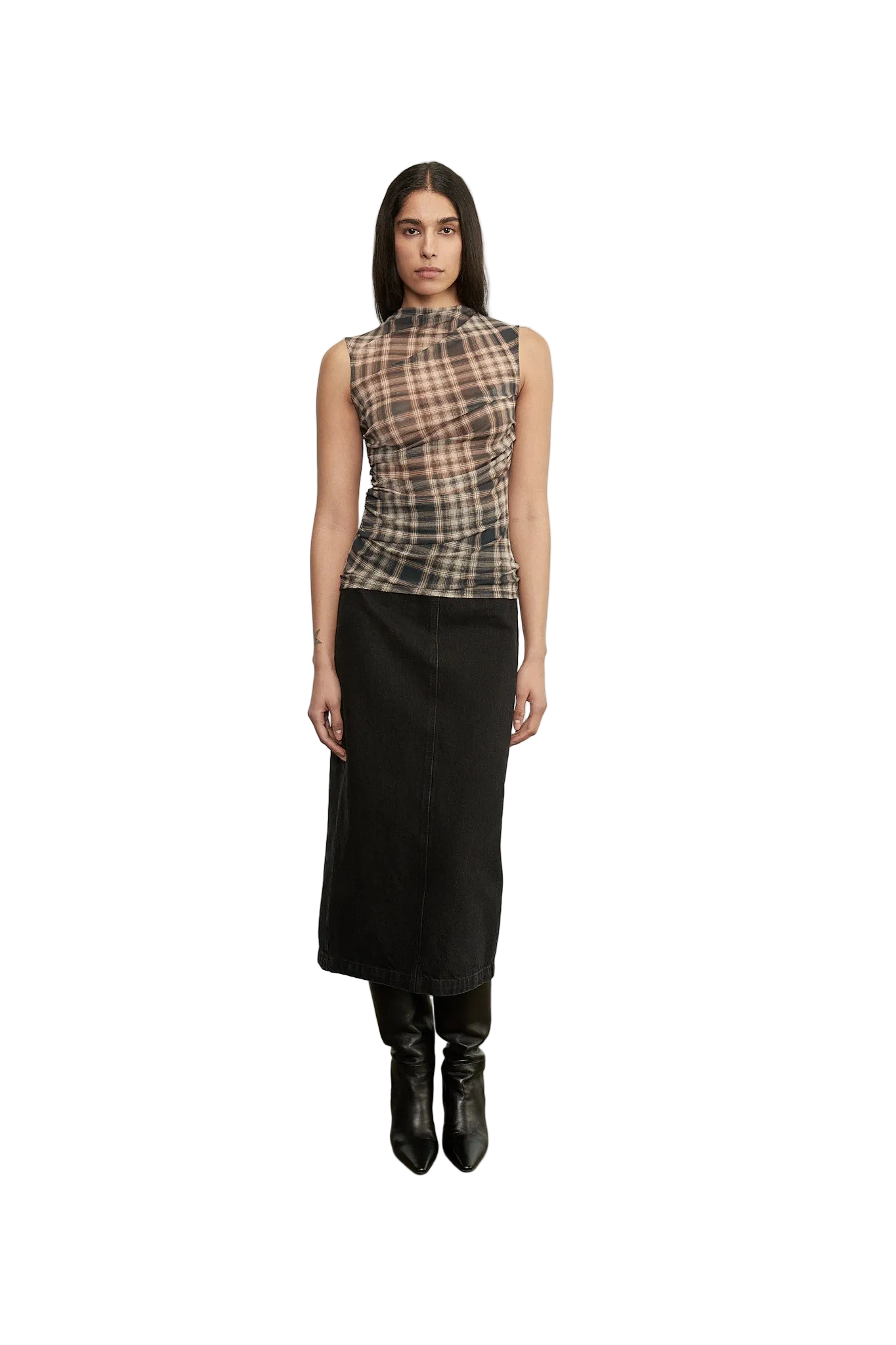 Plaid Mesh Sleeveless Twist Top- XS