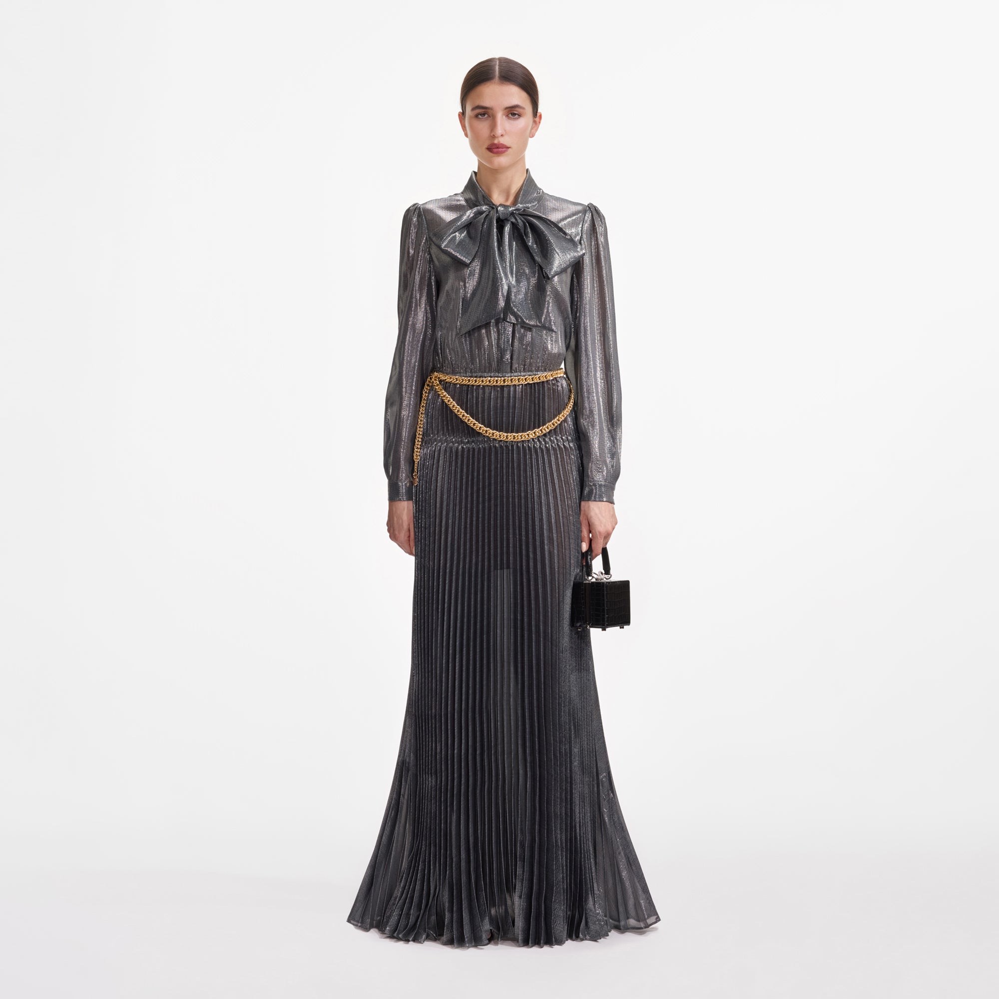 Grey Metallic Pussy Bow Dress